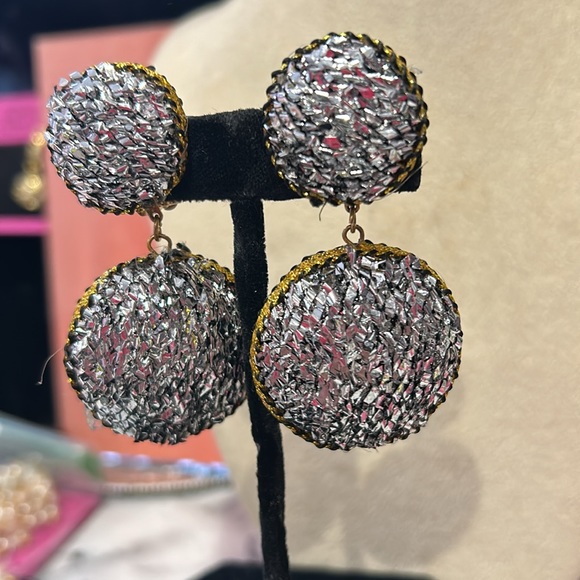Vintage Sparkly Silver Textured Fabric with Golden Outline Earrings-Boutique - Picture 3 of 6